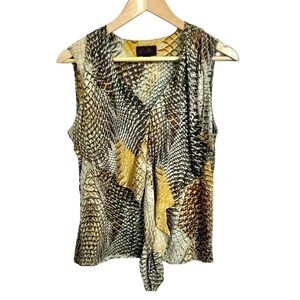 Anne Klein Collection silk print top wirh ruffle  pattern yellow green
